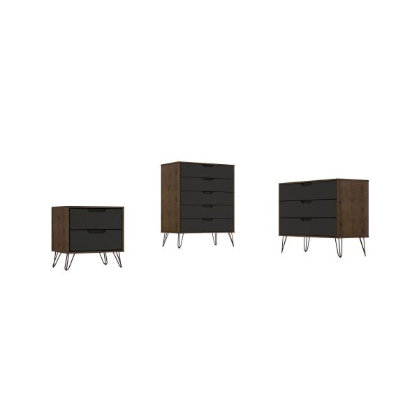 Rockefeller 3 Piece Bedroom Set Tall 5-Drawer Dresser， Standard 3- Drawer Dresser and 2-Drawer Nightstand in Nature and Textured Grey