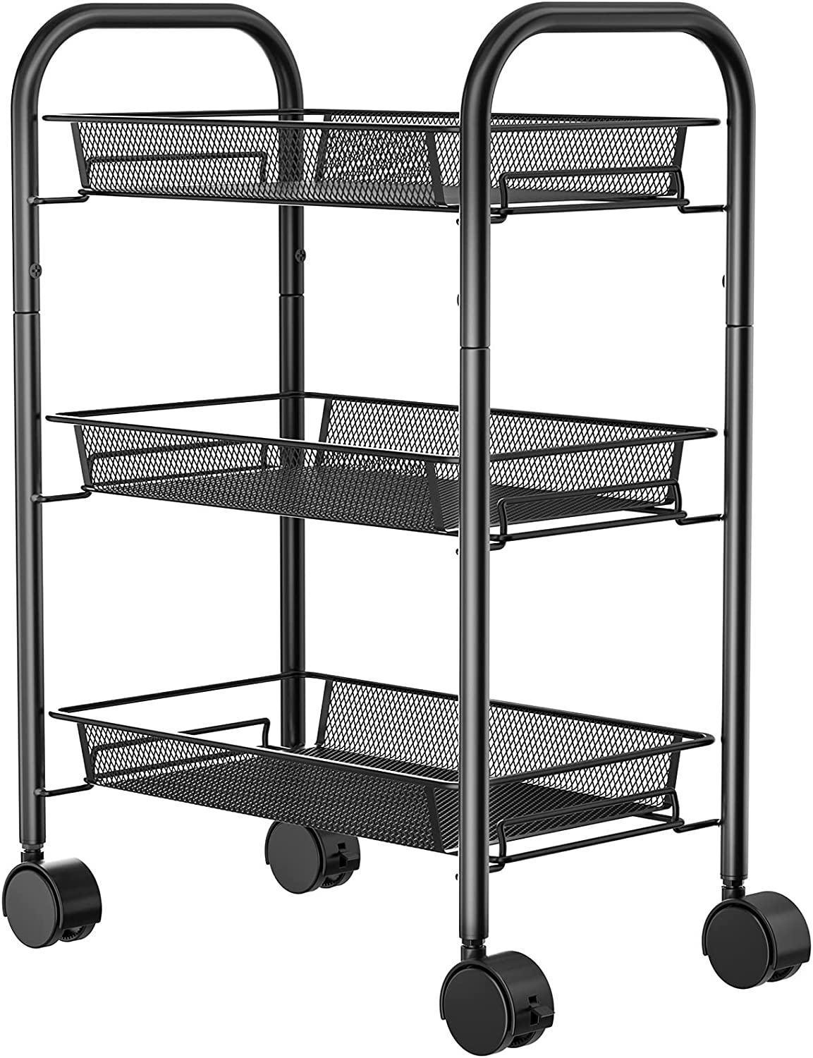 AMERIERGO 3-Tier Rolling Utility Cart Multifunction Metal Storage Cart with 3 Wire Baskets and Lockable Wheels for Home， Office， Kitchen， Bathroom， Bedroom