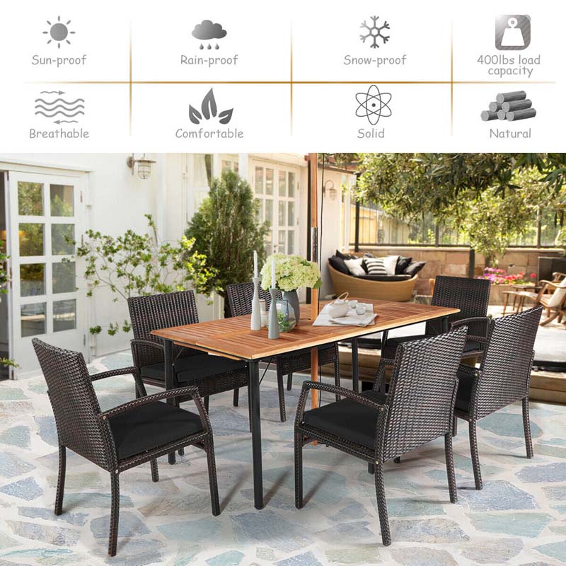 7 Pcs Rattan Patio Dining Set with Umbrella Hole, Acacia Wood Tabletop, Cushioned Chairs