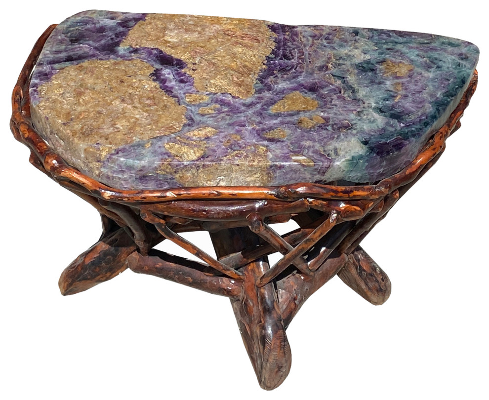 Crystal Jade Stone Top Bamboo Wood Stick Base Accent Stool Stand Table Hcs6164   Asian   Side Tables And End Tables   by Golden Lotus Antiques  Houzz