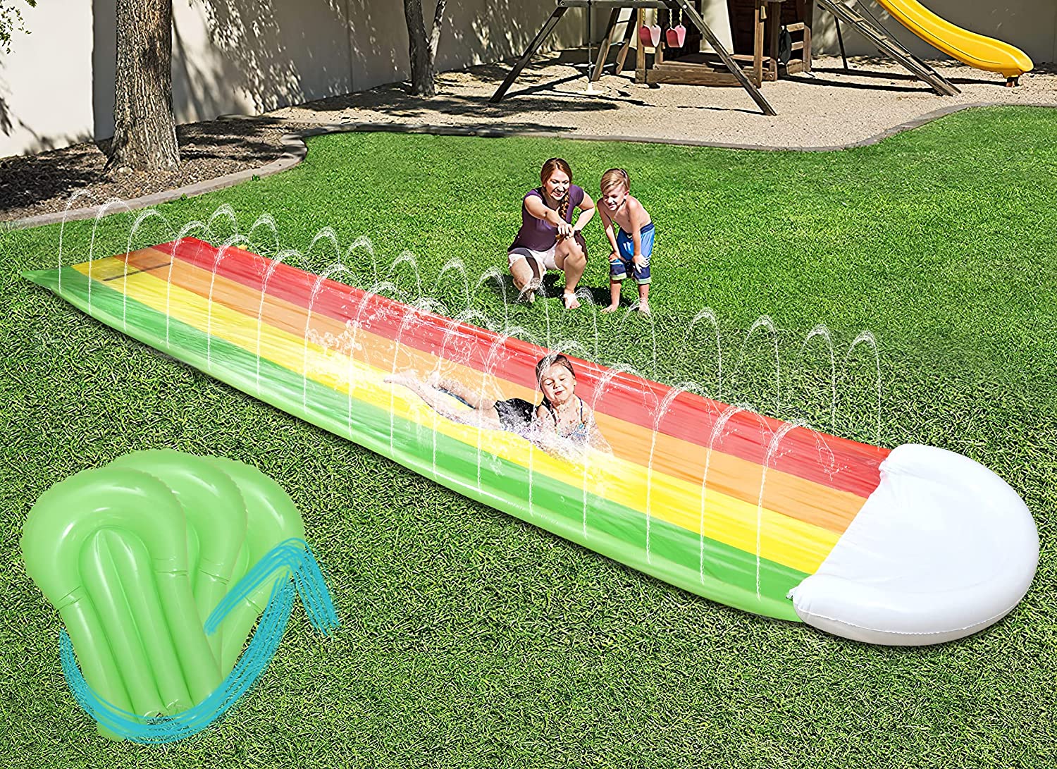 Terra Updated Model Water Slide with 3 Surfboards, Spray Slide and Inflatable Non-Slip mat for Children Outdoor Party Water Party, Rainbow