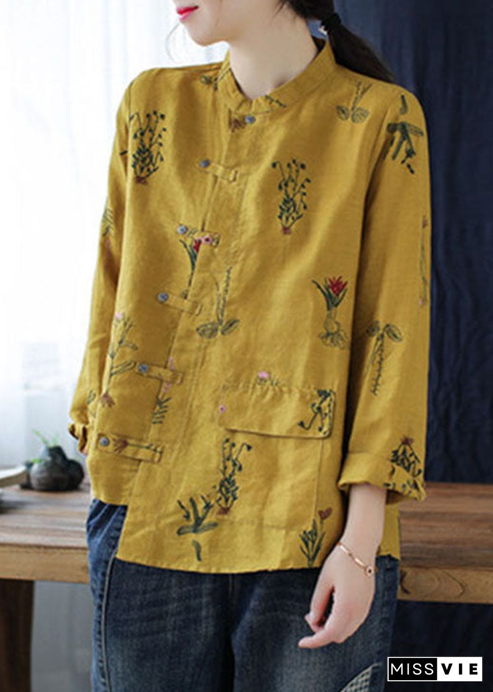 Simple Yellow Embroideried Linen Shirt Long Sleeve