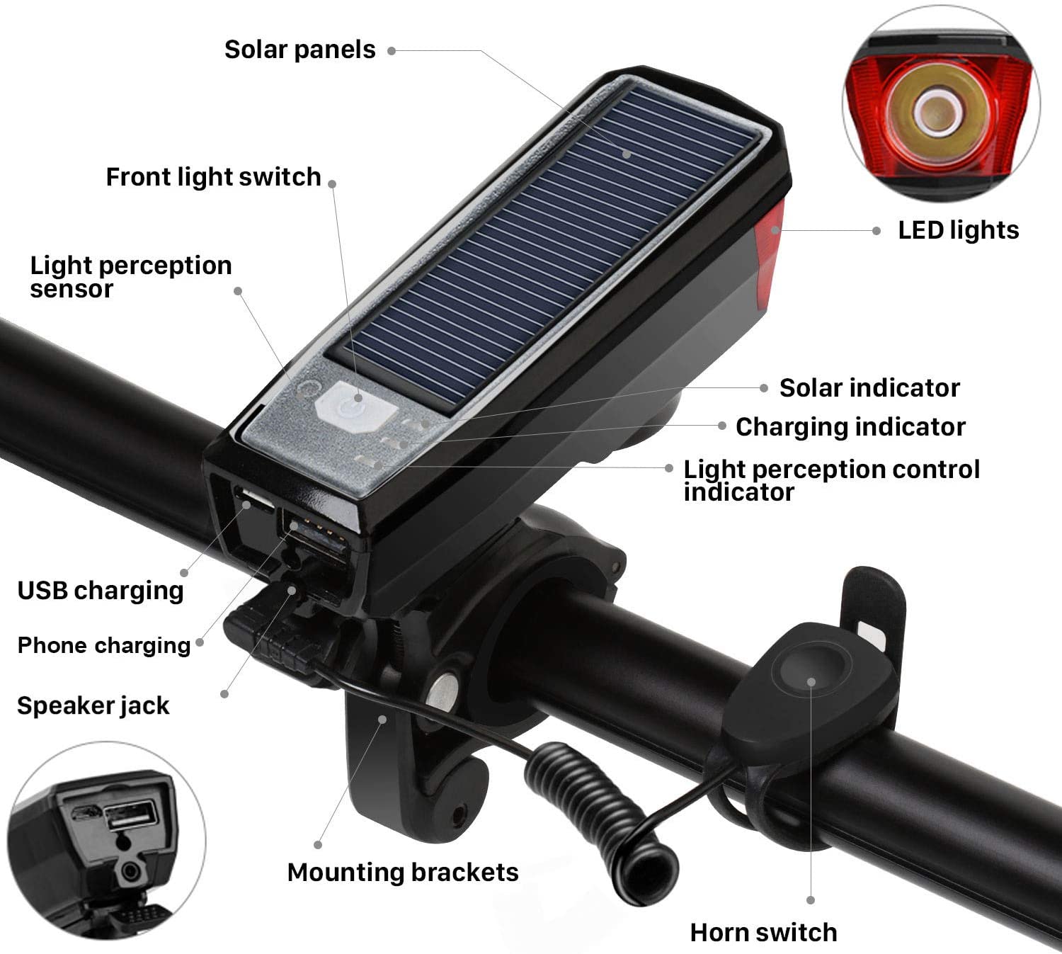 Bike Light Set and Horn Solar Powered USB Rechargeable 4 Mode Bicycle Headlight Taillight Combinations Front Back Light and Bell for Cycling Riding Safety Warning Rear Tail Light LED Speaker