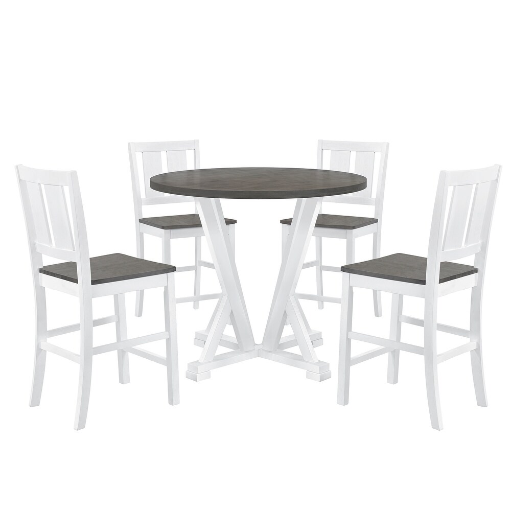 5 Pcs Counter Height Dining 41.7inch Round Table Set  Round Kitchen Set with 4 Slatted Back Dining Chairs