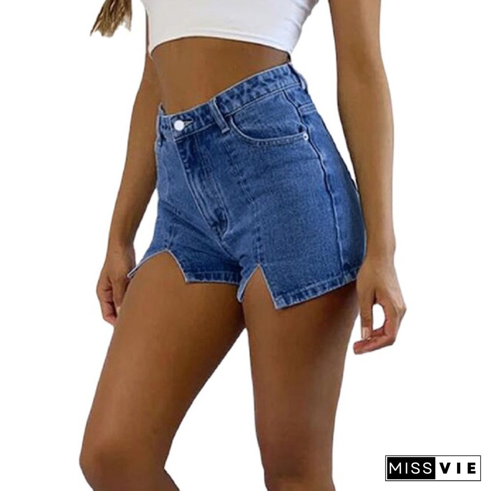 Women Summer High Waist Denim Jeans Shorts Skinny Stretch Split Jean Short Pants S-2XL