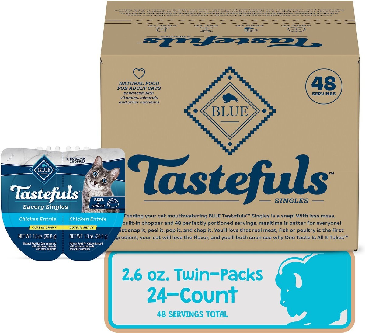 Blue Buffalo Tastefuls Savory Singles Chicken Entrée Cuts in Gravy Adult Cat Food， 2.6-oz cup， case of 24