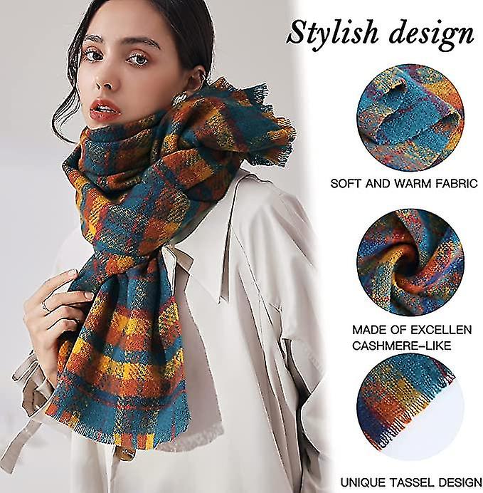 Women Tartan Scarf Winter Long Plaid Scarves Warm Check Wraps Pashmina Wool Shawls Blanket For Ladies Spinning Tassel Oversized Stole1pcsorange