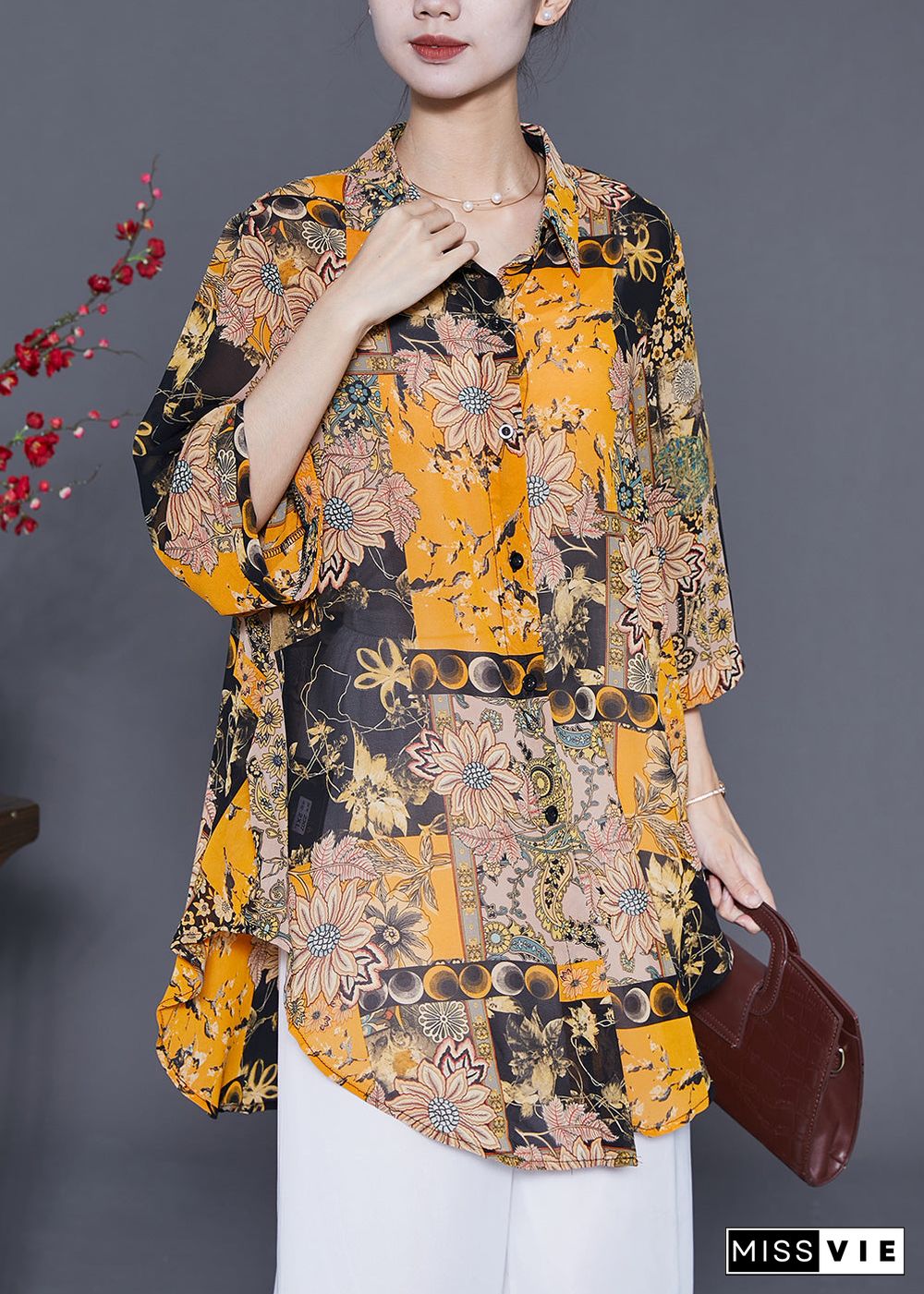 Handmade Yellow Oversized Print Chiffon Shirts Summer