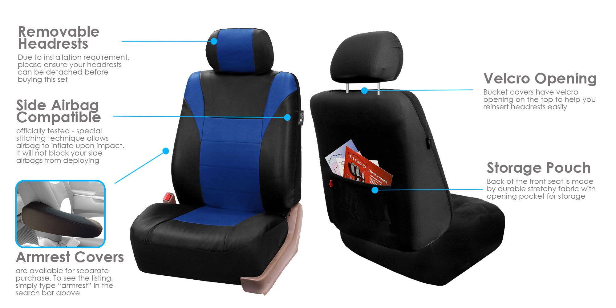 FH Group Racing Faux Leather Airbag Ready Split Bench Car Seat Covers， Full set with Carpet Floor Mats， Blue