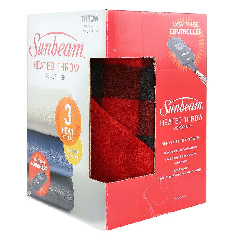 Sunbeam 50 Inch x 60 Inch Microplush Heated Throw in Red Plaid