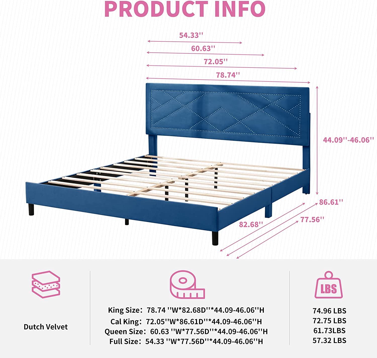 Mixoy King Bed Frame with High Headboard, Upholstered Platform Bed with Rivet Design, Wood Slat Support, Easy Assembly (King, Blue)