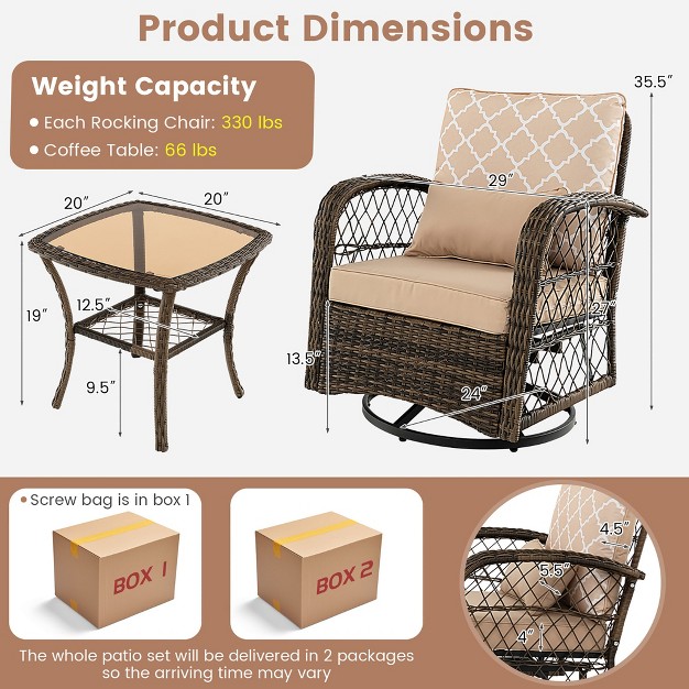 Costway Patio 3pcs Wicker Swivel Rocker Set 2 Rocking Chairs 360 Degrees With Coffee Table