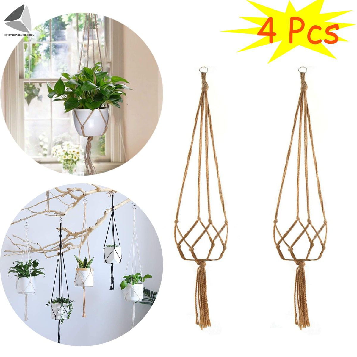 Sixtyshades 4 Pcs Macrame Plant Hanger 35 inch Indoor Hanging Planters Decorative Hanging Plant Holder Basket Boho Home Decor