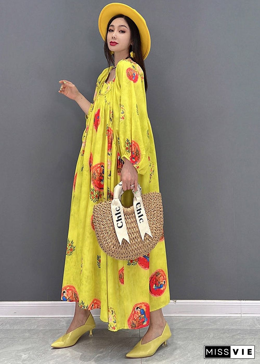 Vogue Yellow O-Neck Print Chiffon Dresses Long Sleeve