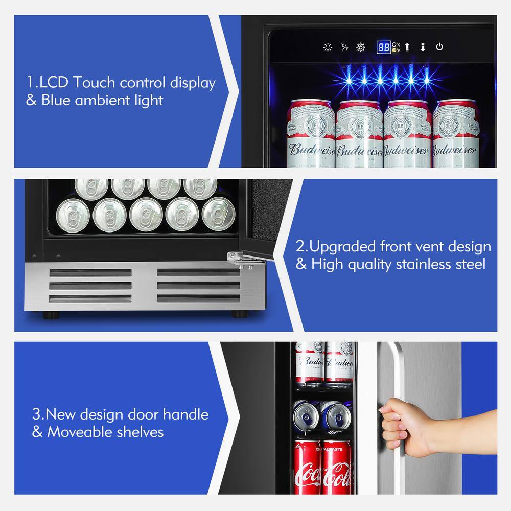 Hooure 15 in. 127 Can (12 oz.) Built-inFreestanding Stainless Steel Door Beverage Cooler D2PHD-5