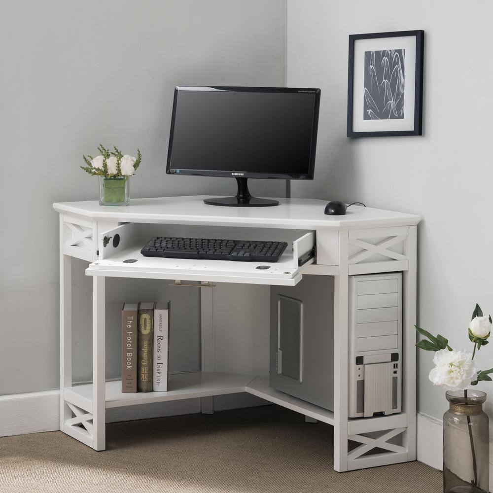 Leick Home 48 in. W Corner White Wood 1-Drawer Computer Writing Desk with Drop Front Keyboard Drawer 85430