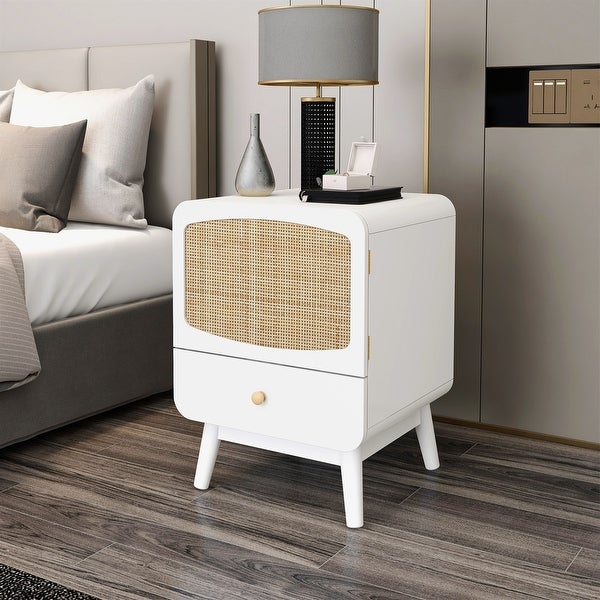 Modern Nightstand with Storage Drawer/ Rattan Door End Table Side Table Night Stand Bedside Table for Bedroom， Living Room - - 37315662