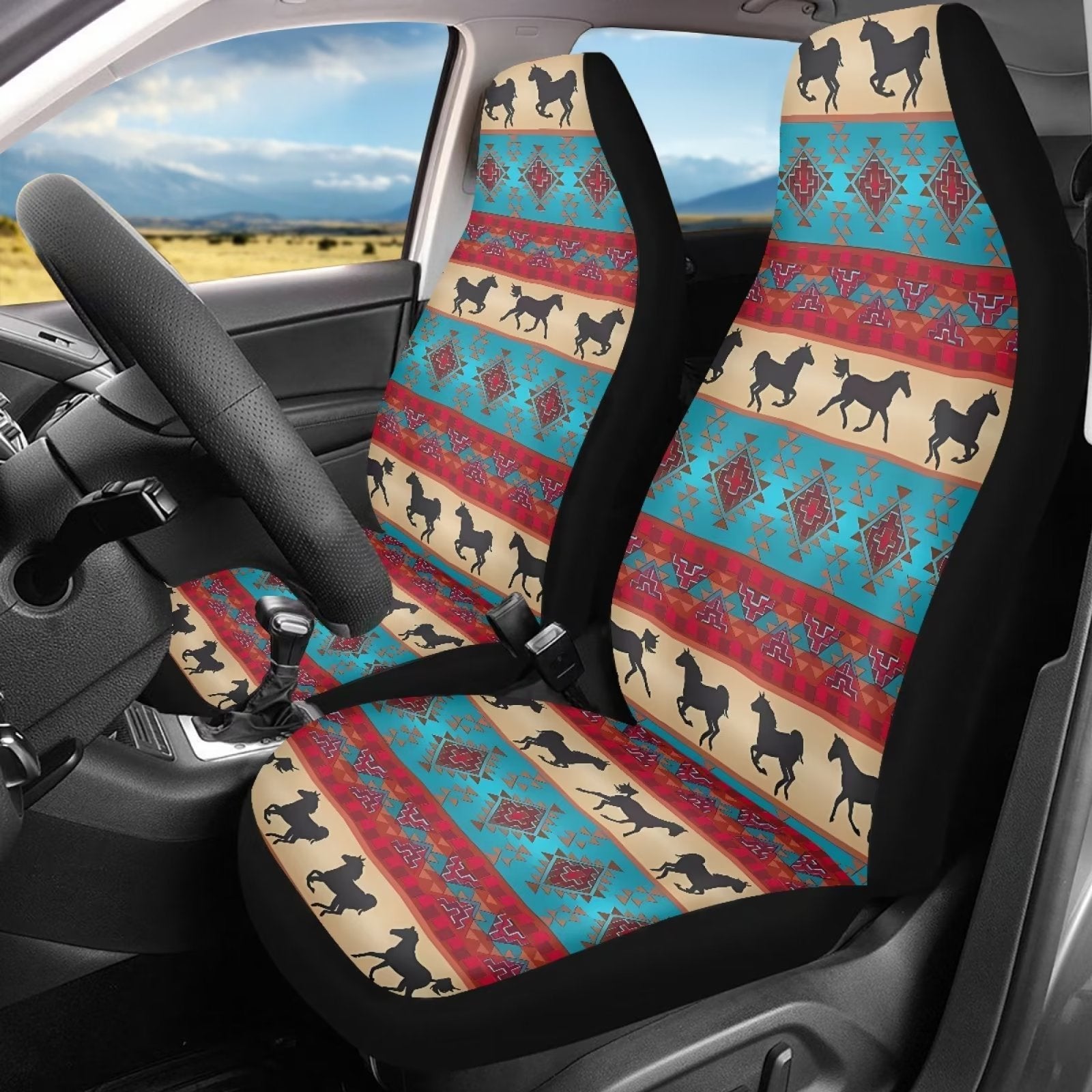 NETILGEN Ethnic Geometric Aztec Tribe Horse Pattern Car Covers Set Fit SUV Auto Vehicle Van 2 Pcs Car Seat Covers Full Set with Hard-Wearing Seat Bench Cover Decor