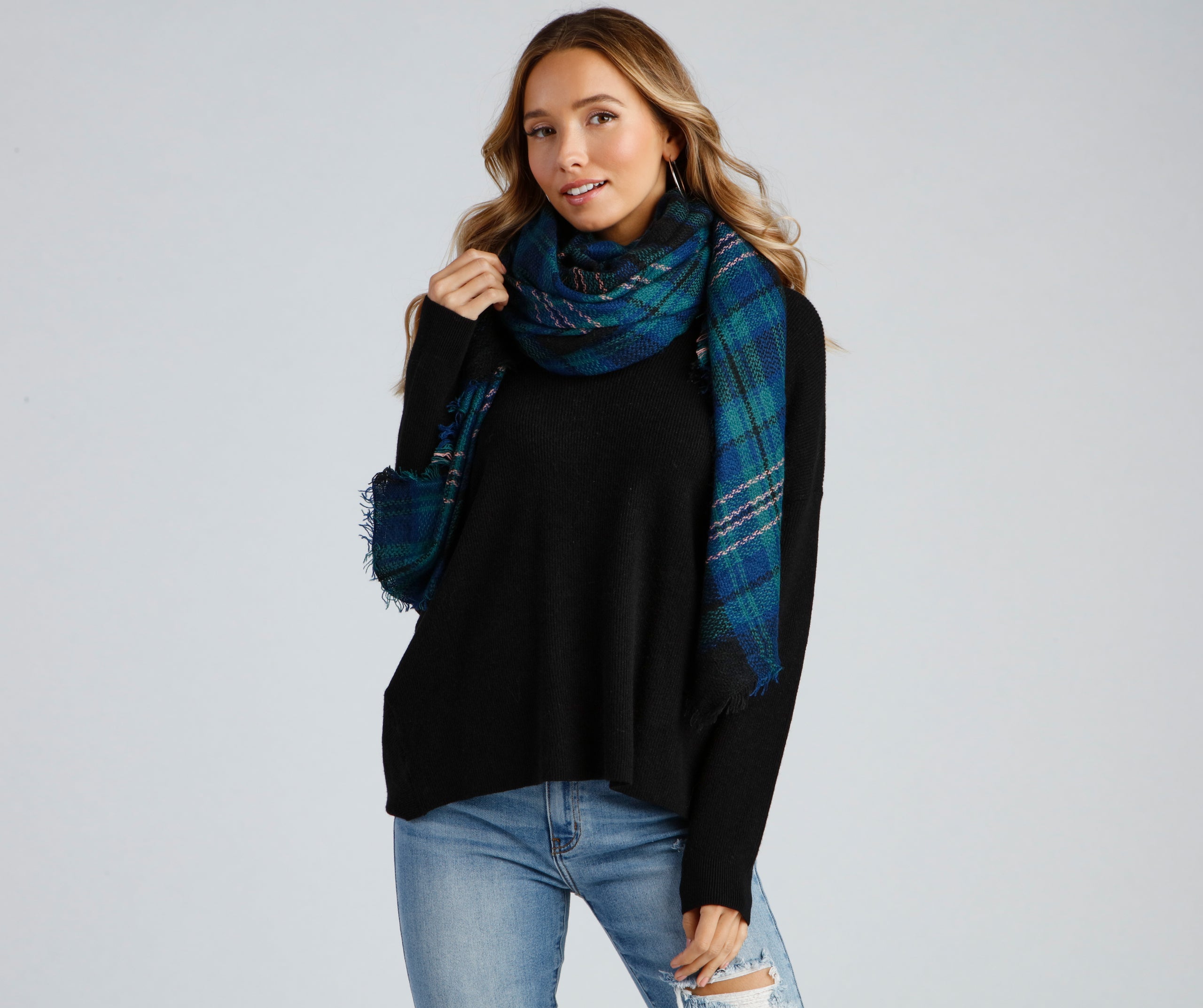 Wrapped In Plaid Frayed Scarf