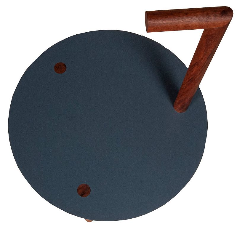 29 Inch Round Metal Top End Table with Inbuilt Wooden Pole， Brown and Black