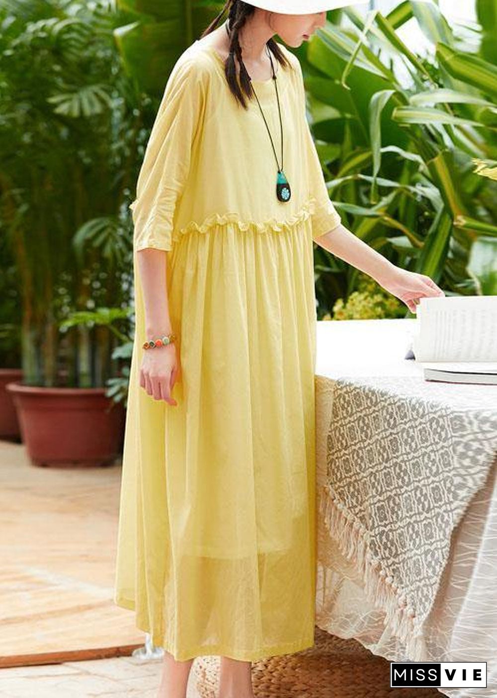 Handmade yellow cotton linen clothes o neck half sleeve Maxi summer Dresses