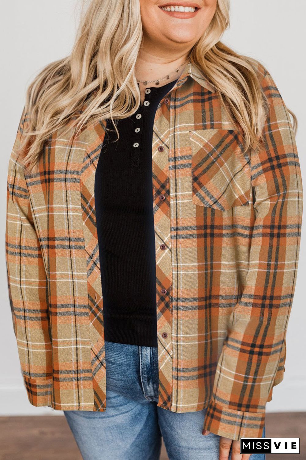 Orange Plus Size Buttons Plaid Pattern Shirt