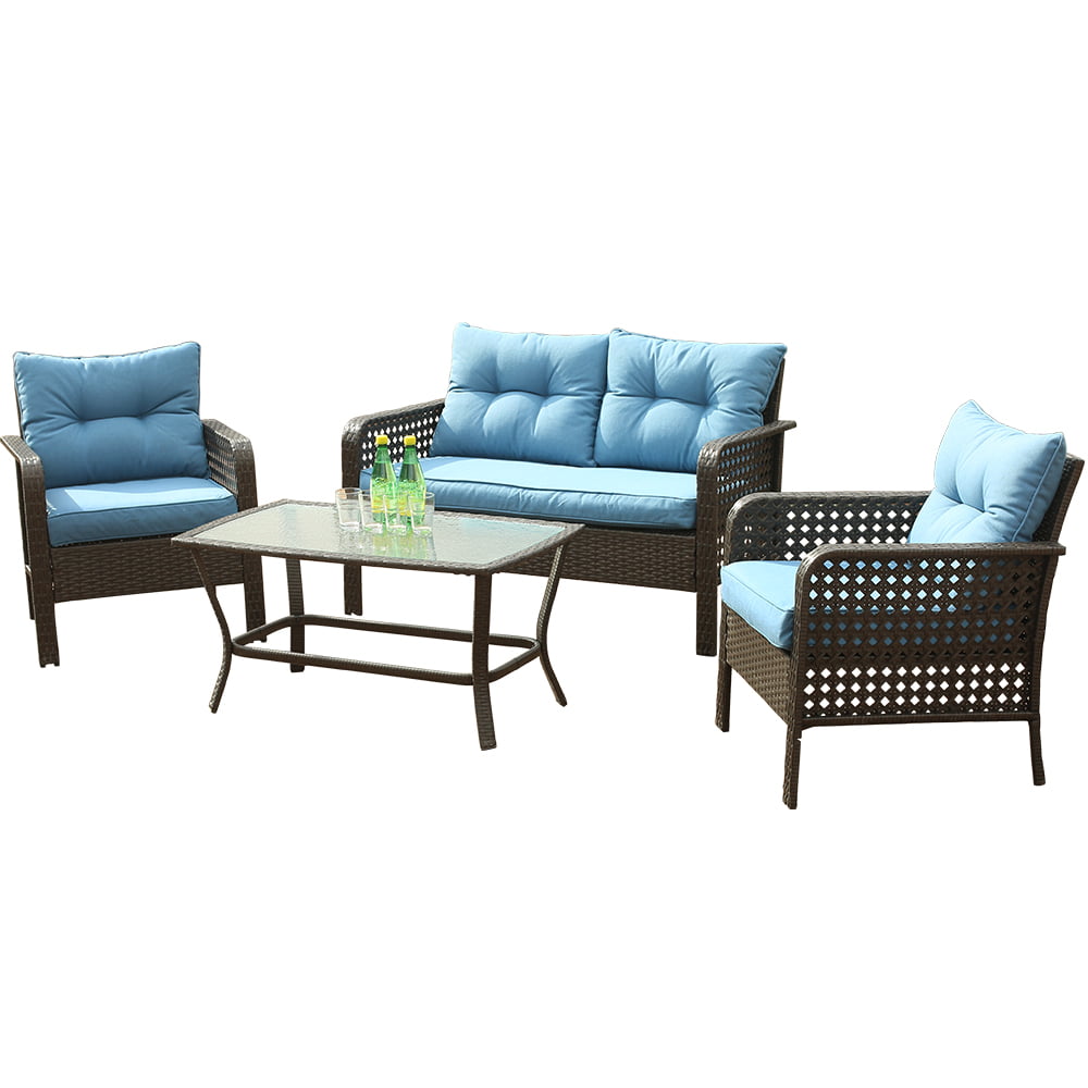 4 Pieces Patio Conversation Set Outdoor Furniture PE Rattan Wicker Loveseat Chairs Set with Large Tempered Glass Table and Removable Cushion for Backyard Yard， Garden Balcony