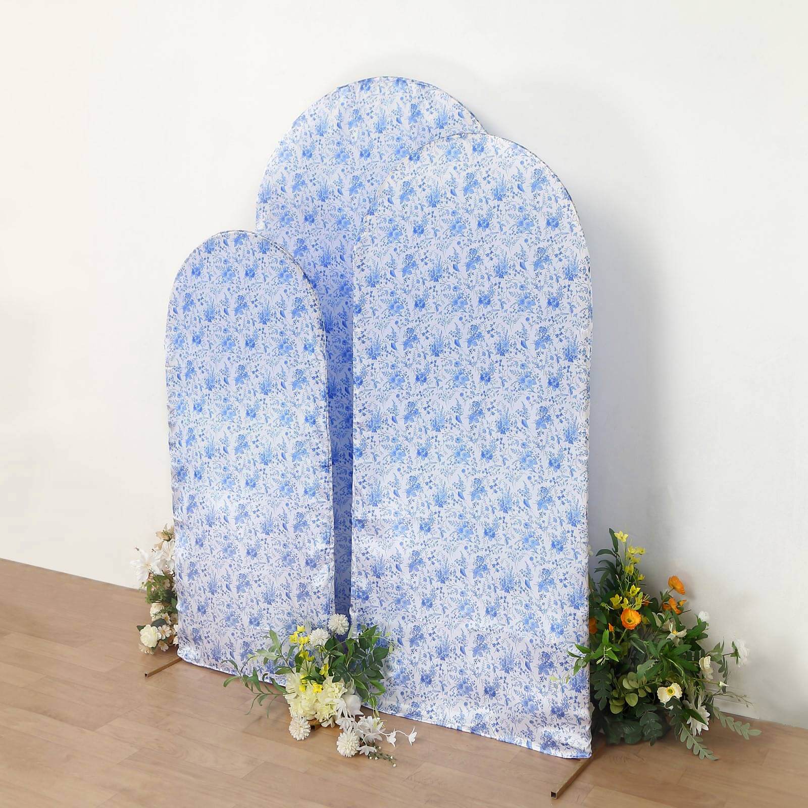 Set of 3 White Blue Satin Chiara Backdrop Stand Covers in French Toile Floral Pattern, Fitted Covers For Round Top Wedding Arches - 5ft,6ft,7ft