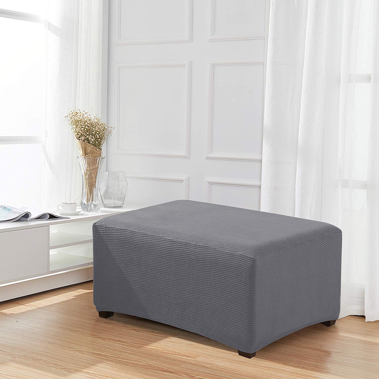 Enova Home Jacquard Polyester Stretch Washable Fabric Oversized Ottoman Slipcover (Light Grey)