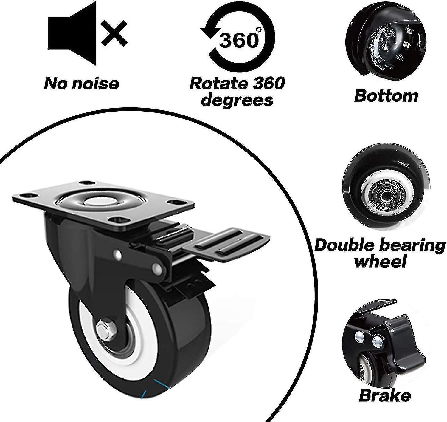 4 Pack 50mm Castors With Brake， 4 Pcs Swivel Castors For Furniture/transport， Furniture Casters， Heavy Duty Caster In 300kg Total Load Capacity Free S