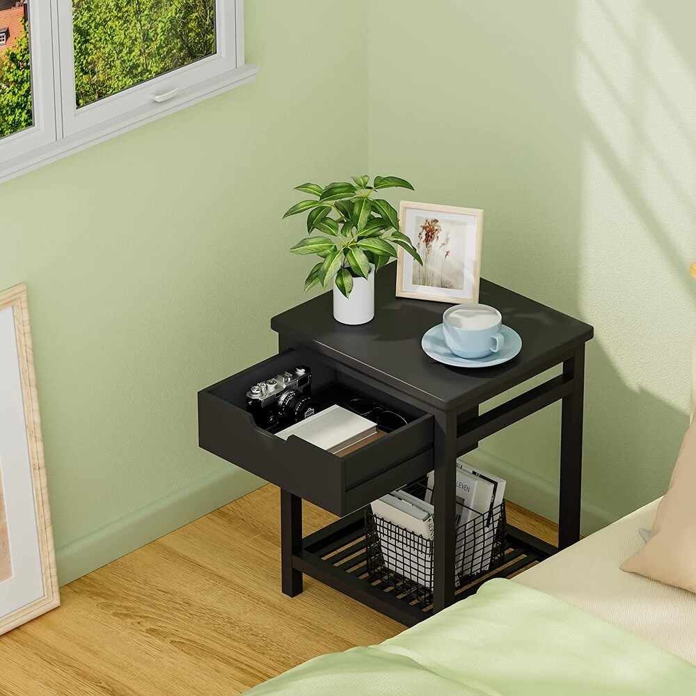 Bamboo Nightstand with Drawer and Open Storage Shelf for Livingroom  Square End Table Porch Bedside Cabinet Coffee Table