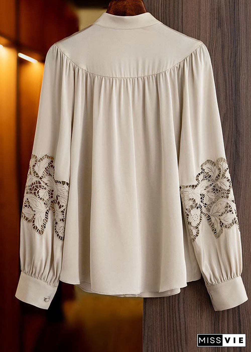 Style Apricot Stand Collar Embroideried Hollow Out Chiffon Shirt Long Sleeve