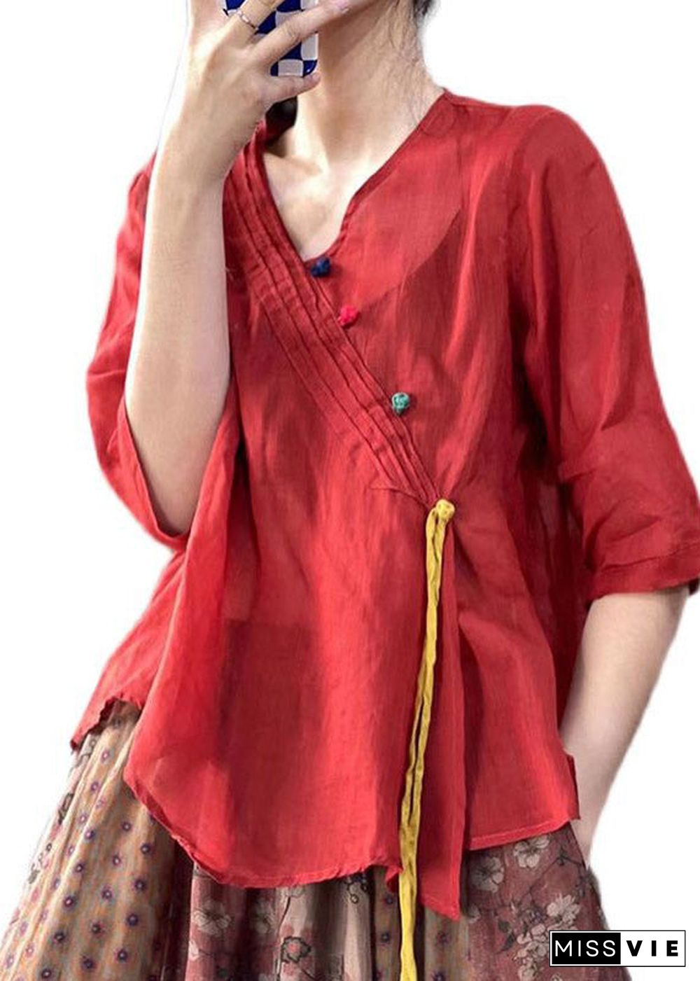 Simple Red V Neck Button Linen Shirt Half Sleeve