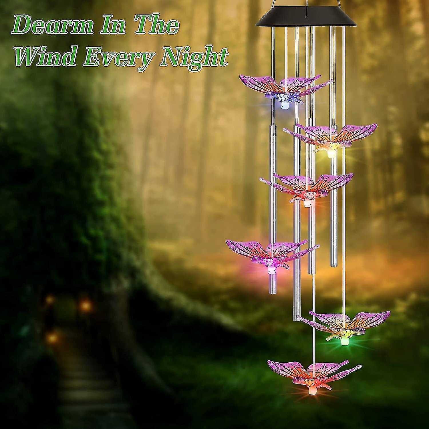 Solar Night Light Wind Chime， Outdoor Color Changing Led Butterfly Wind Chimes Of Aluminum Tubes， Fo