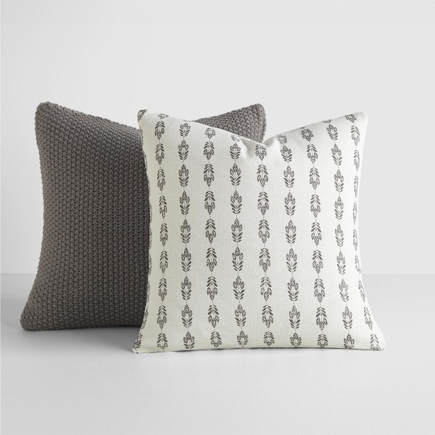 2 pack Gray Throw Pillows Seed Stitch Knit With Cotton Patterns In Folk Leaves Becky Cameron Gray