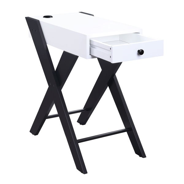 Wooden Frame Side Table with X Shaped Legs and 1 Drawer， White and Black