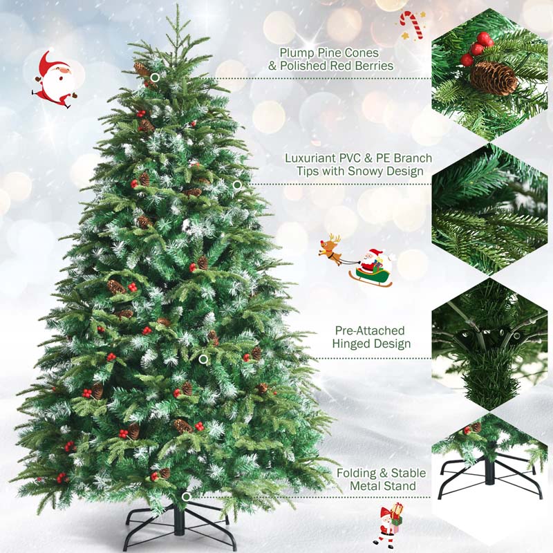 5/6/7/9FT Snowy Leaves Pre-Lit Hinged Artificial Christmas Tree with 11 Flash Modes & Multi-Color Lights