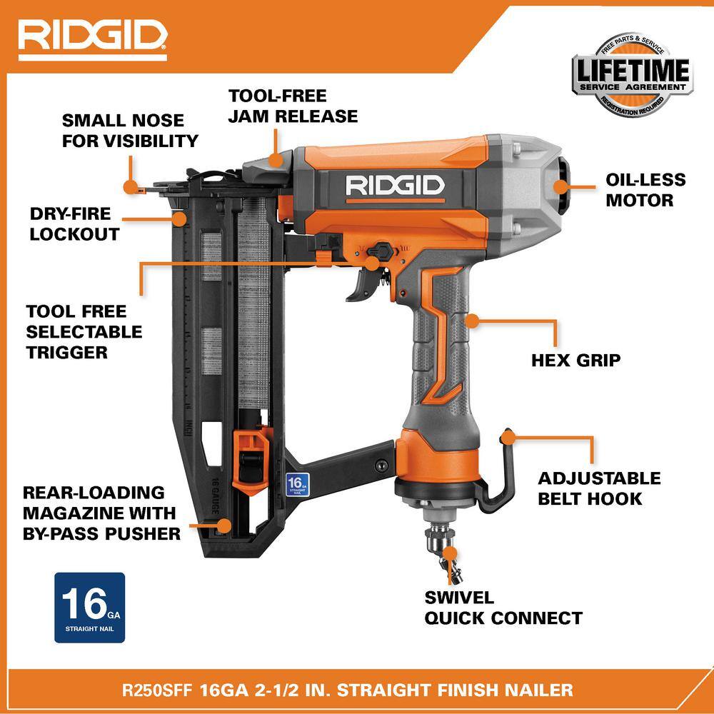 RIDGID Pneumatic 16-Gauge 2-12 in. Straight Finish Nailer with CLEAN DRIVE Technology R250SFF