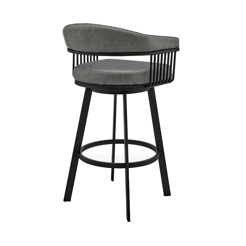 Swivel Barstool with Open Design Metal Frame and Slatted Arms， Gray and Black