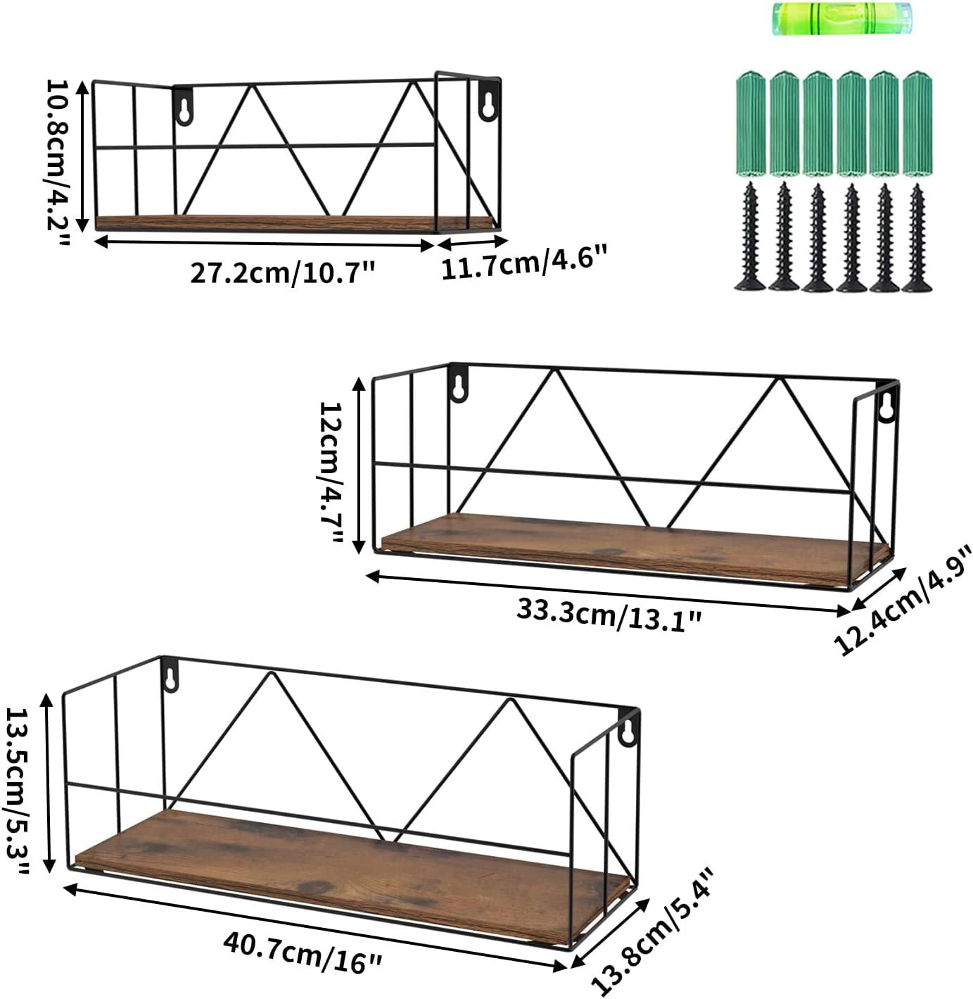 Floating Wall Shelves with Metal Set of 3, Rustic Floating Storage Shelf for Bathroom,Kitchen Room, Living Room,Black