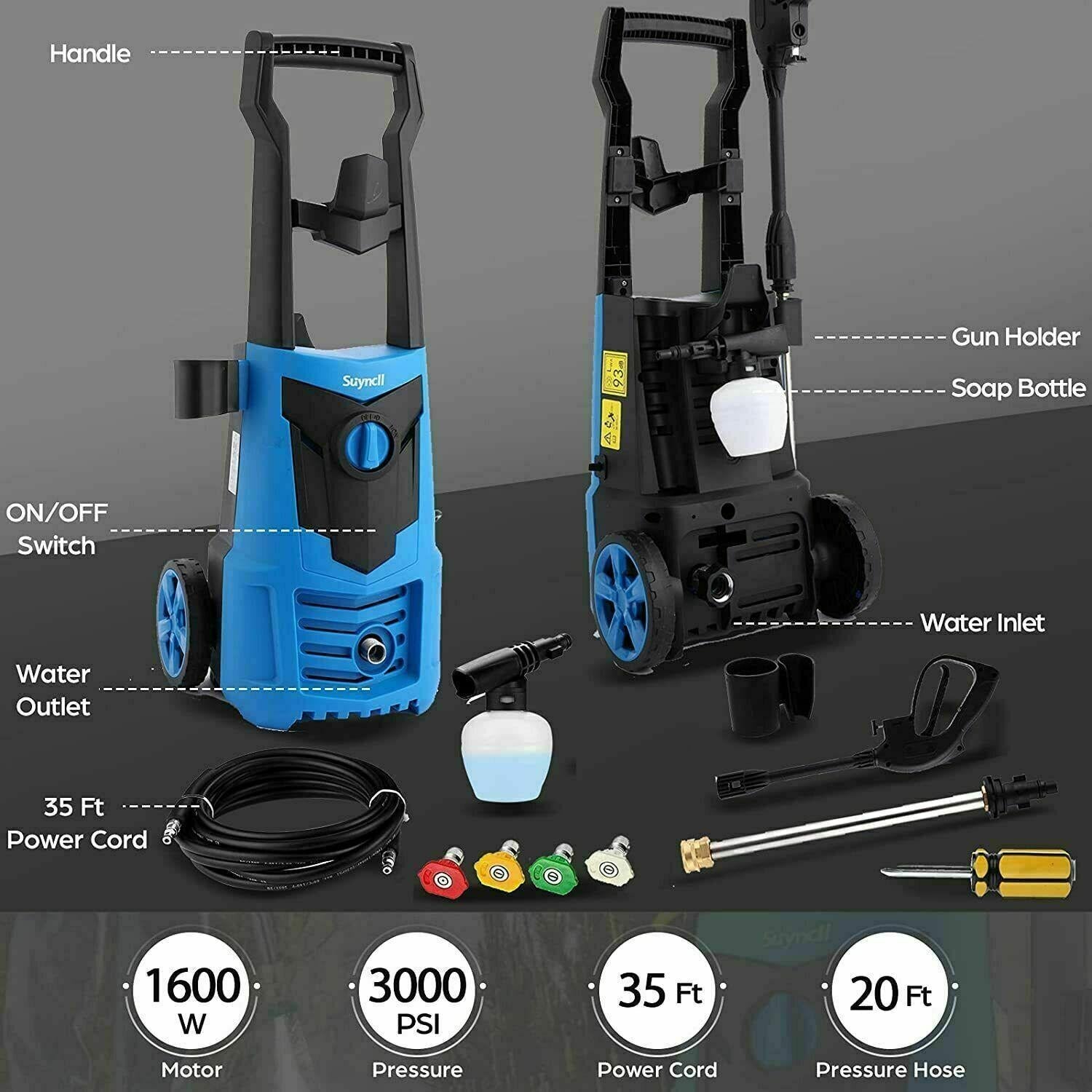 Suyncll Electric Pressure Washer 3000PSI, 2.4GPM High Power Washer Cleaner NEW