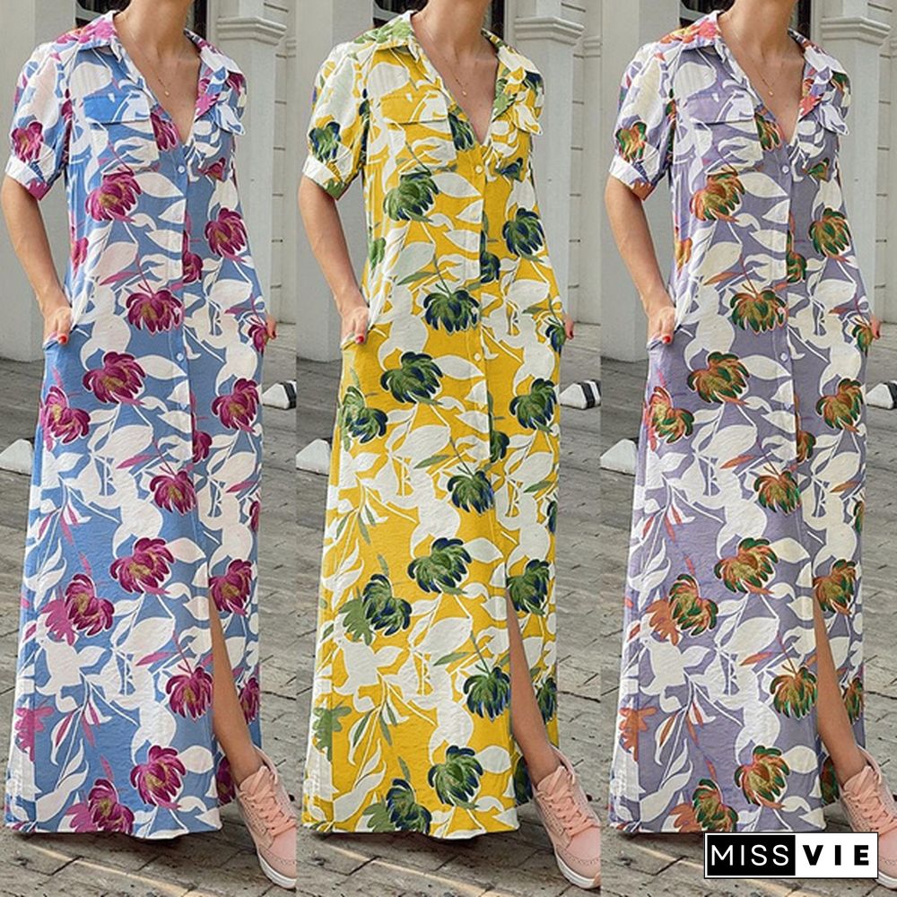 Plus Size Women Short Sleeve Floral Casual Dress Ladies Summer Maxi Shirt Dress