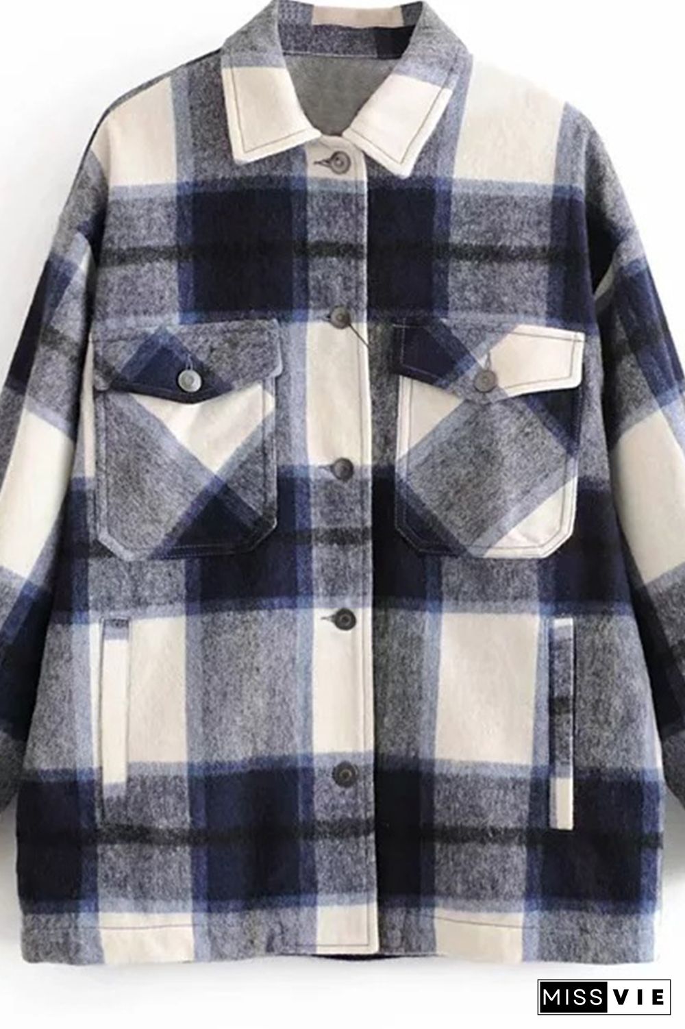 Plaid Button Down Pocketed Shacket Jackets Women Wholesale