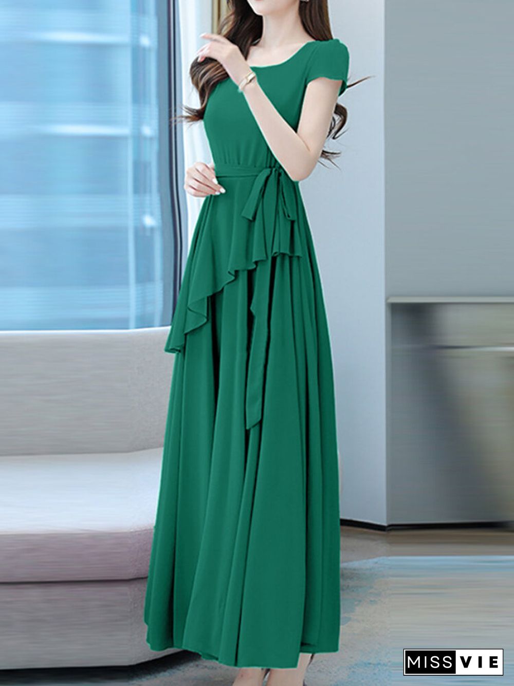 Solid Asymmetrical Swing Short Sleeve Maxi Dress With Belt