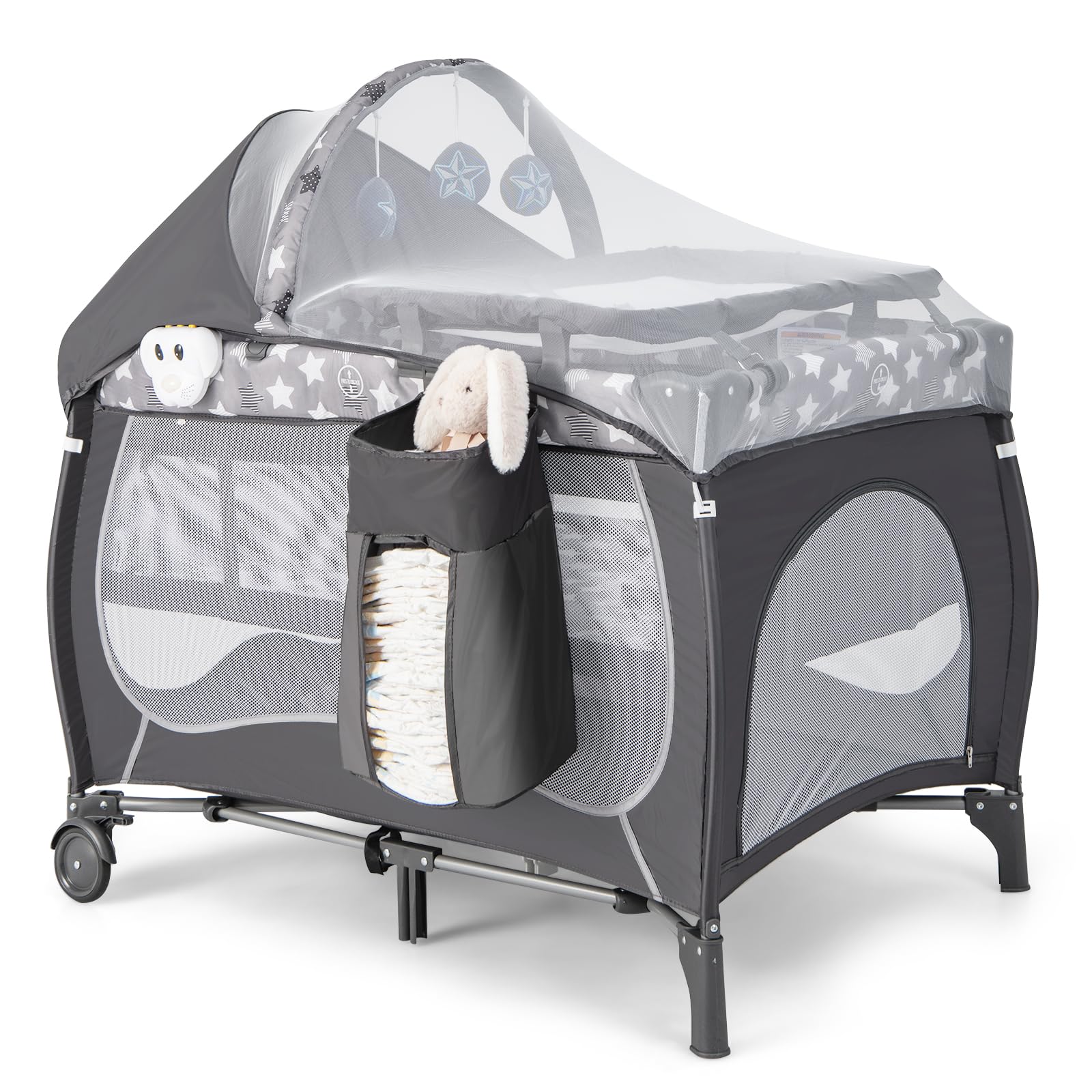 BABY JOY 4 in 1 Pack and Play, Portable Baby Playard with Bassinet