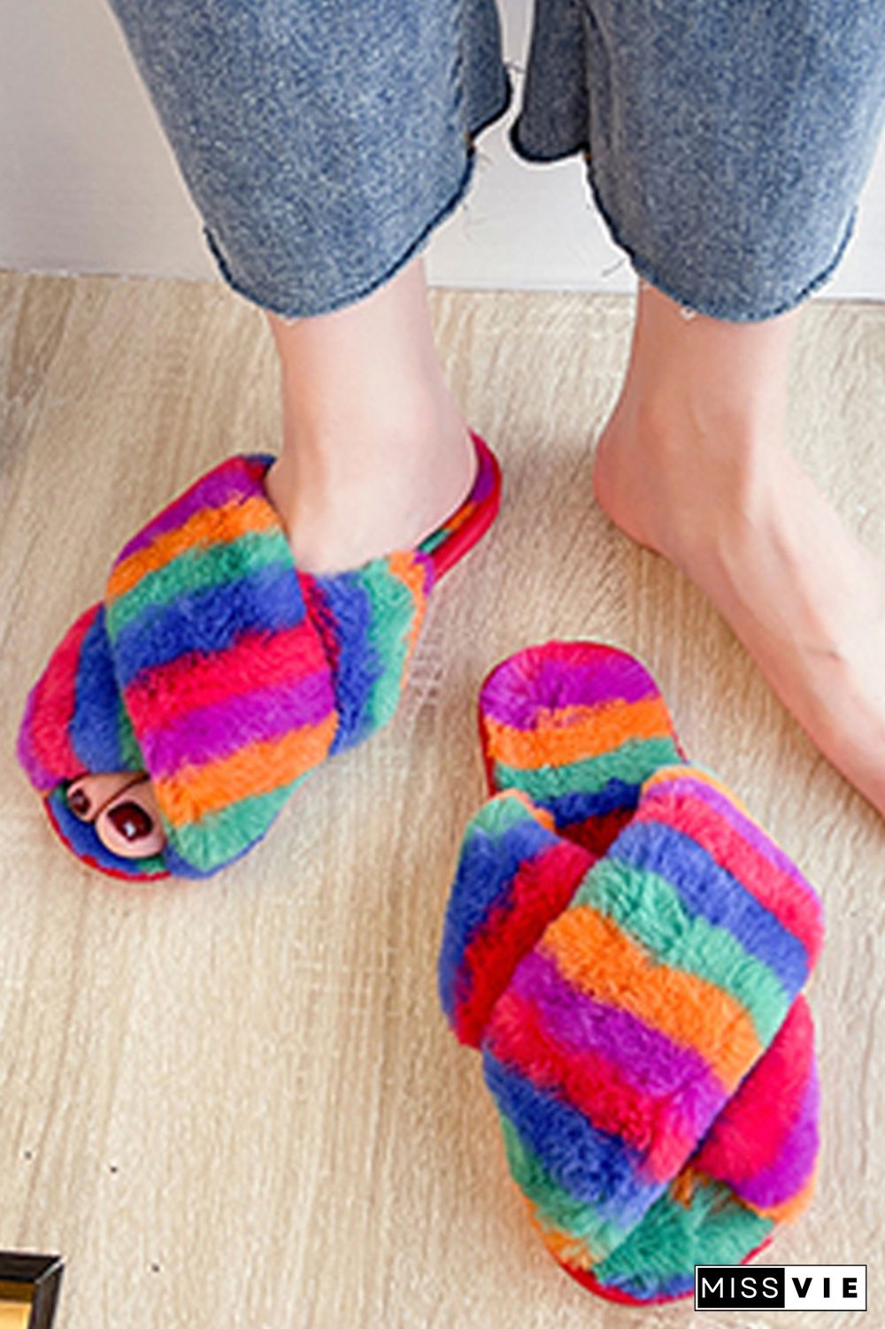 Multicolor Fluffy Criss-cross Home Slippers Wholesale