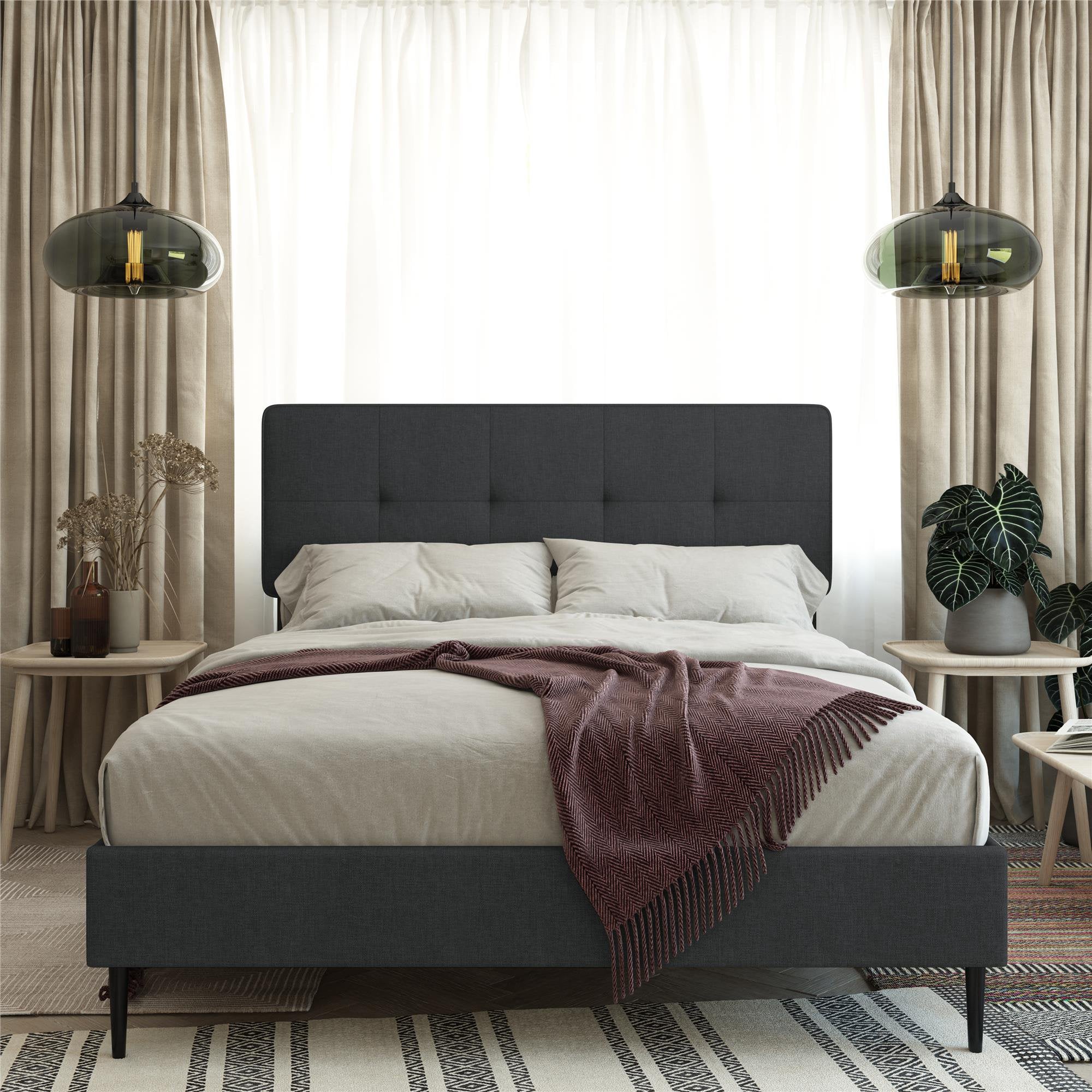 Queer Eye Wimberly Upholstered Bed, Adjustable Height Headboard, Queen, Dark Gray Linen