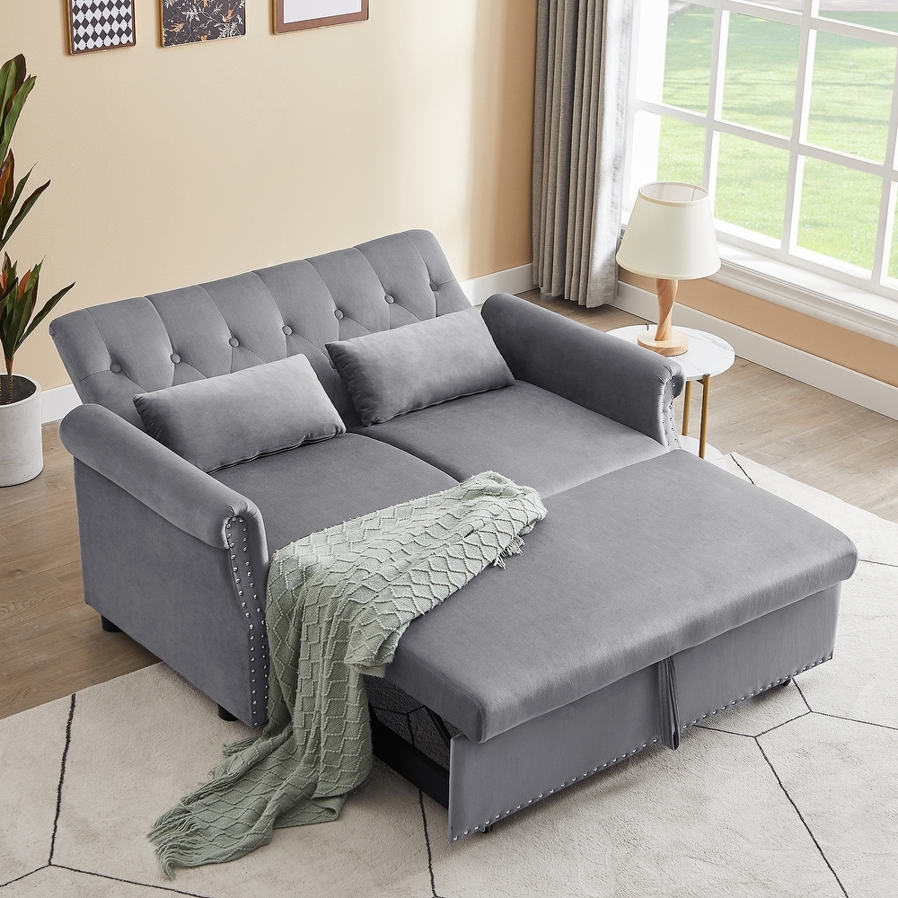 Velvet Loveseat Sleeper Sofa with 2 Lumbar Pillows  Adjustable Pull Out Bed