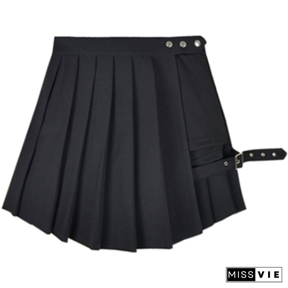 Women Summer Plaid Pleated Skirt Punk Gothic Style Cosplay Plaid Pantskirt Split Skirt #S-Xl