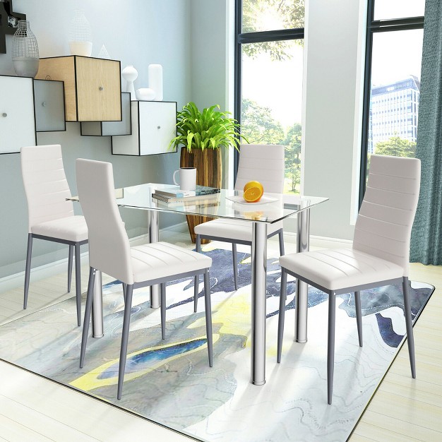 Costway 5 Piece Dining Set Table 29 6 x27 x27 And 4 Chairs Glass Metal Kitchen Breakfast Furniture White